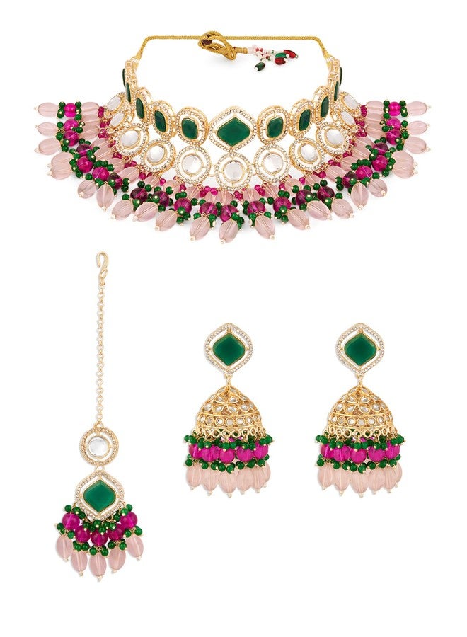 Zaveri Pearls طقم عقد تشوكر وأقراط ومانغ تيكا من اللؤلؤ الوردي والأخضر والخرز والماس النمساوي من زافيري للنساء - ZPFK18237 - Image 1