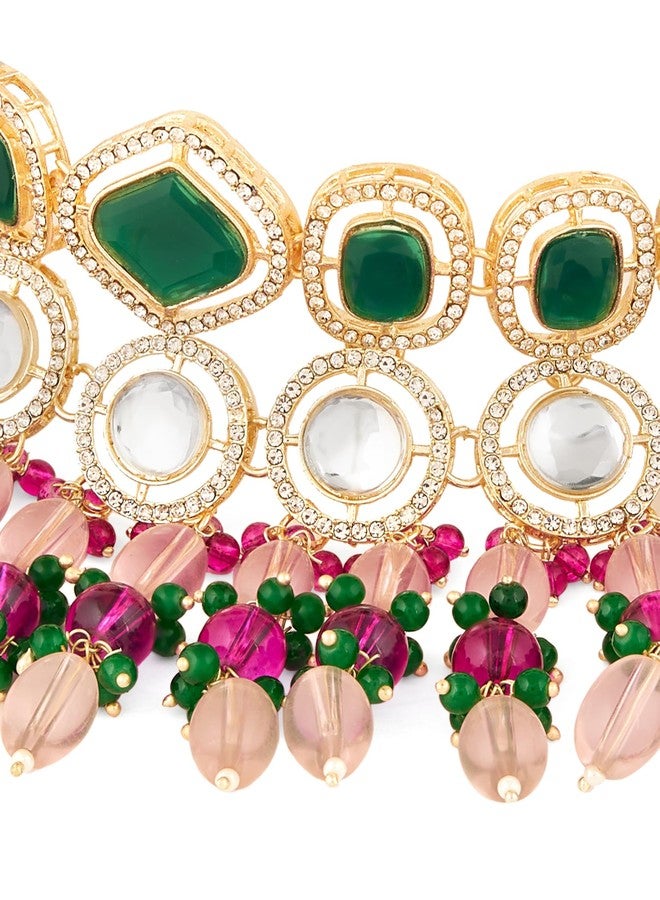Zaveri Pearls طقم عقد تشوكر وأقراط ومانغ تيكا من اللؤلؤ الوردي والأخضر والخرز والماس النمساوي من زافيري للنساء - ZPFK18237 - Image 4