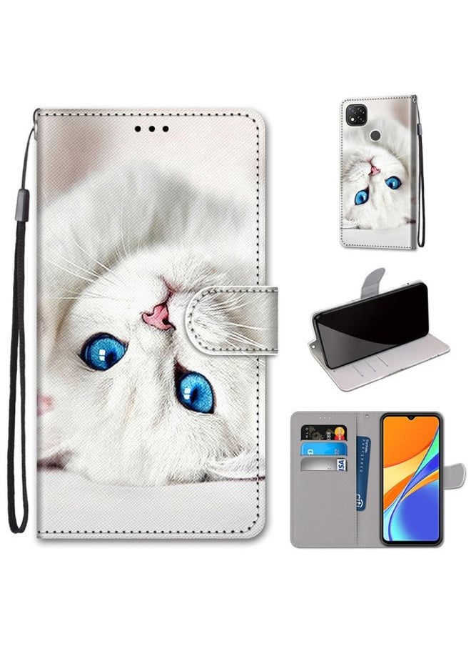 HuHa Case Cover For Xiaomi Redmi 9C Coloured Drawing Cross Texture Horizontal Flip PU Leather Case with Holder & Card Slots & Wallet & Lanyard White Kitten 