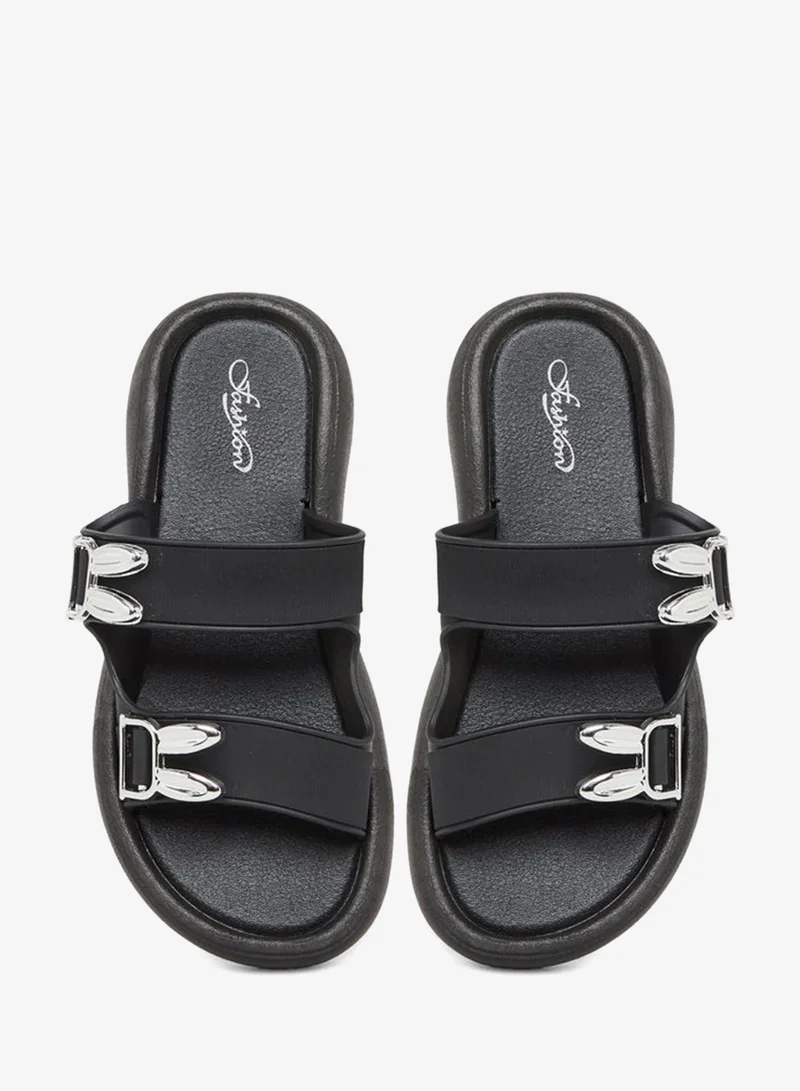 Take Two Double Buckle Detail Slip On Slippers