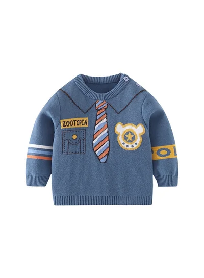 LITTLE SURPRISE BOX Teal Blue, Little Man Tie Print Kids Cardigan Sweater, Round Neck