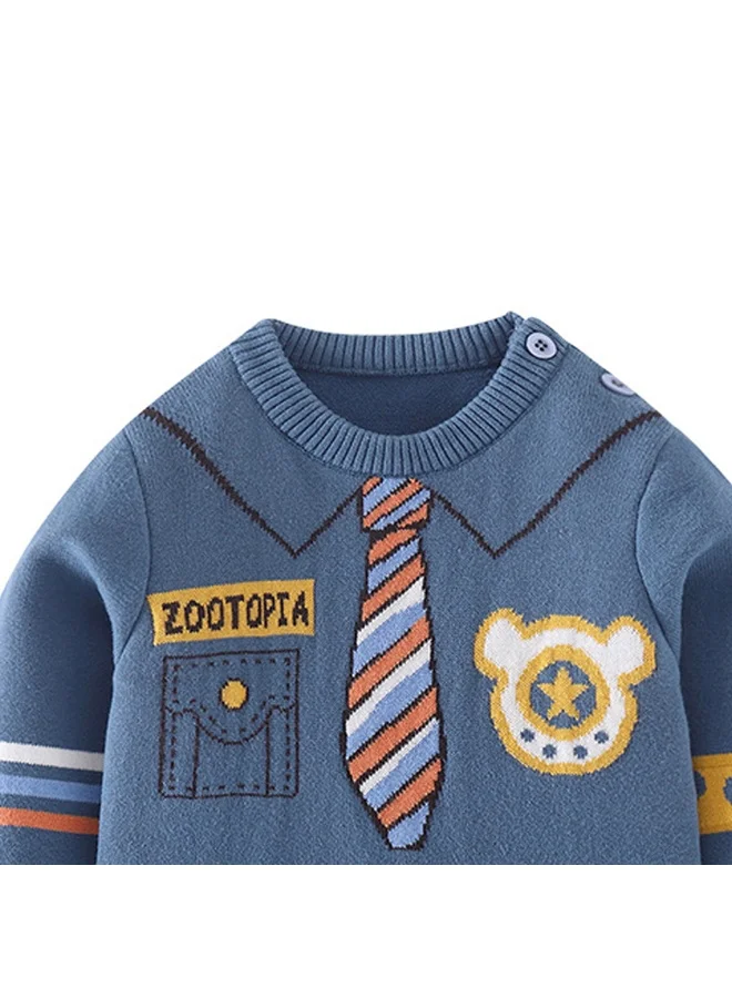 LITTLE SURPRISE BOX Teal Blue, Little Man Tie Print Kids Cardigan Sweater, Round Neck