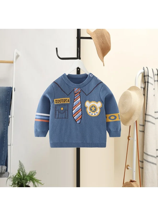 LITTLE SURPRISE BOX Teal Blue, Little Man Tie Print Kids Cardigan Sweater, Round Neck
