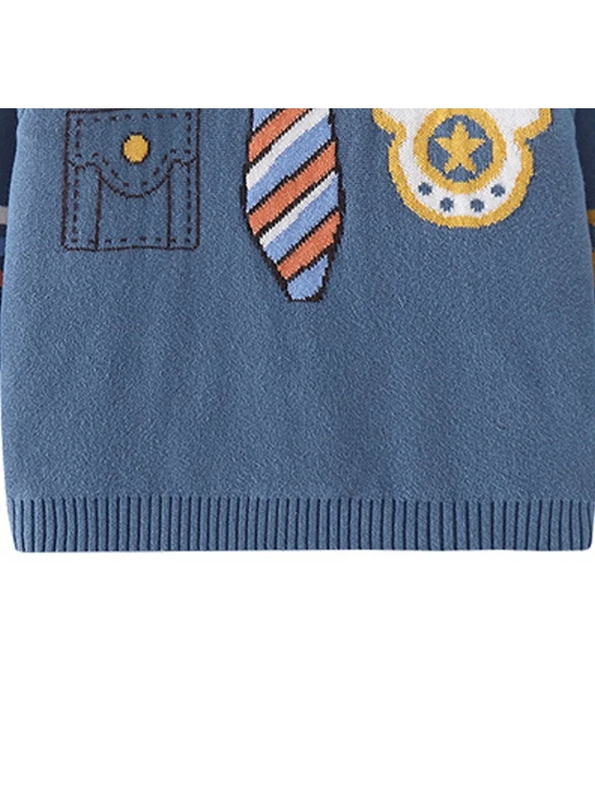LITTLE SURPRISE BOX Teal Blue, Little Man Tie Print Kids Cardigan Sweater, Round Neck