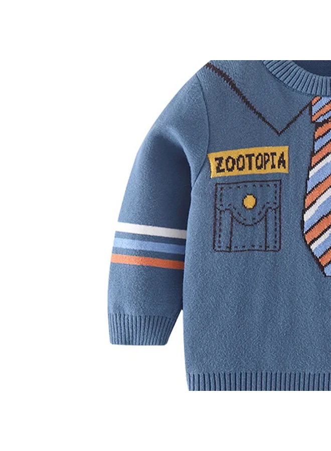 LITTLE SURPRISE BOX Teal Blue, Little Man Tie Print Kids Cardigan Sweater, Round Neck
