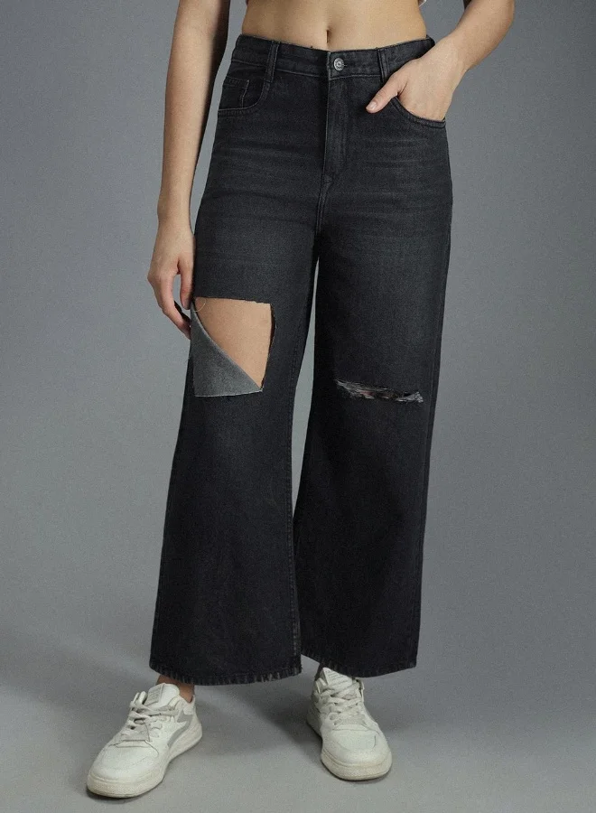HIGH STAR Women's Black 100% Cotton Bleached Full Length Baggy Jeans