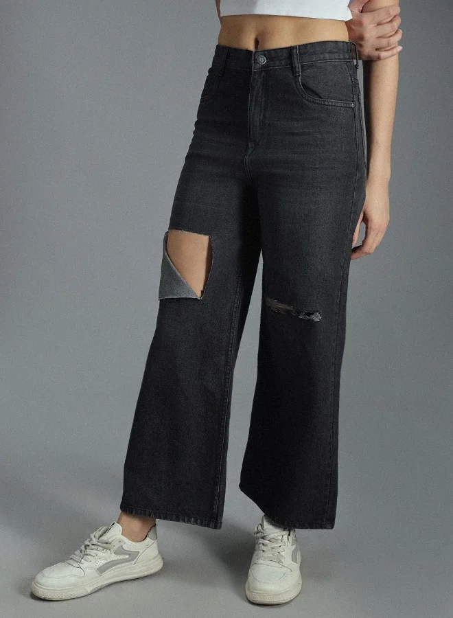 HIGH STAR Women's Black 100% Cotton Bleached Full Length Baggy Jeans