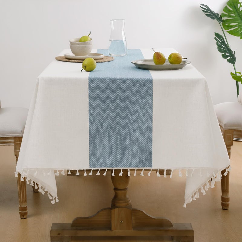 Softalker Linen Tablecloth Rectangle, Outdoor Waterproof Burlap Cotton Farmhouse Table Cloths with Tassel, Heavy Weight Wrinkle Free Table Cover for Dining, Party, Rustic - 55 x 70 Inch, Blue Stripe - Image 1