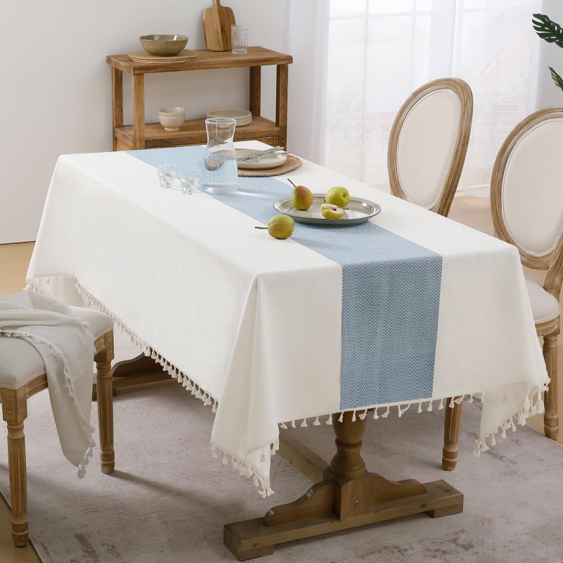 Softalker Linen Tablecloth Rectangle, Outdoor Waterproof Burlap Cotton Farmhouse Table Cloths with Tassel, Heavy Weight Wrinkle Free Table Cover for Dining, Party, Rustic - 55 x 70 Inch, Blue Stripe - Image 2