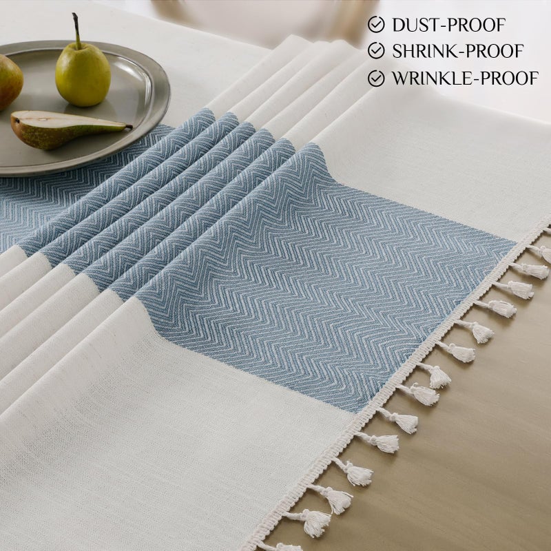 Softalker Linen Tablecloth Rectangle, Outdoor Waterproof Burlap Cotton Farmhouse Table Cloths with Tassel, Heavy Weight Wrinkle Free Table Cover for Dining, Party, Rustic - 55 x 70 Inch, Blue Stripe - Image 4