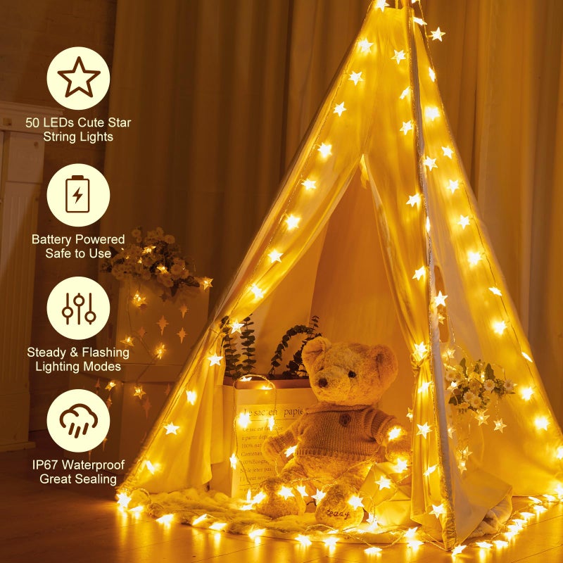ماين توم Minetom Star String Lights Battery Operated - 17 ft 50 LED Star Fairy String Lights with Timer, Waterproof for Indoor Bedroom Tent Loft Bed Patio Party Wedding Ramadan Decorations, Warm White - Image 4