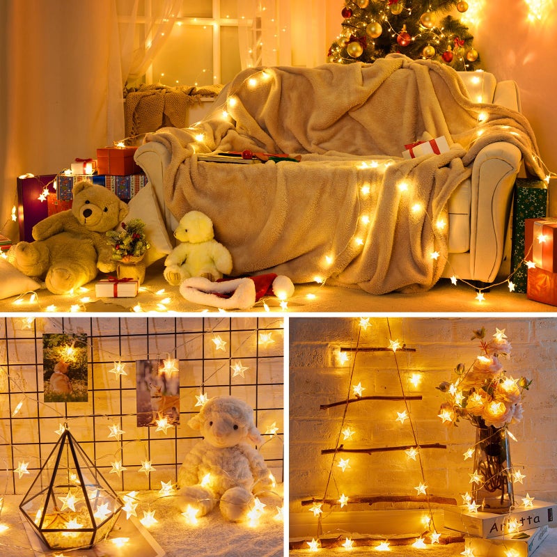 ماين توم Minetom Star String Lights Battery Operated - 17 ft 50 LED Star Fairy String Lights with Timer, Waterproof for Indoor Bedroom Tent Loft Bed Patio Party Wedding Ramadan Decorations, Warm White - Image 5