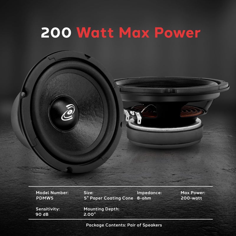 Pyle 5 Inch Car Midrange Driver - 200 Watt High Powered Car Audio Sound Component Speaker System w/ High Temperature Kapton Voice Coil, 80Hz-7kHz Frequency, 90 dB, 8 Ohm, 15 oz Magnet - PDMW5 - Image 4