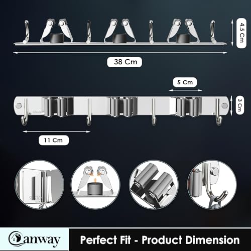 CANWAY Stainless Steel 3 Racks With 4 Hooks Heavy Duty Wall Mounted Broom And Mop Stick Holder, Hanging Shelves Tools For Home Kitchen Garden Laundry Garage (1 Piece) - Image 2