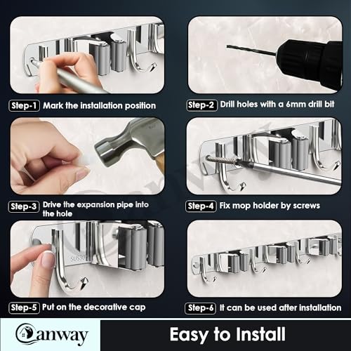 CANWAY Stainless Steel 3 Racks With 4 Hooks Heavy Duty Wall Mounted Broom And Mop Stick Holder, Hanging Shelves Tools For Home Kitchen Garden Laundry Garage (1 Piece) - Image 5