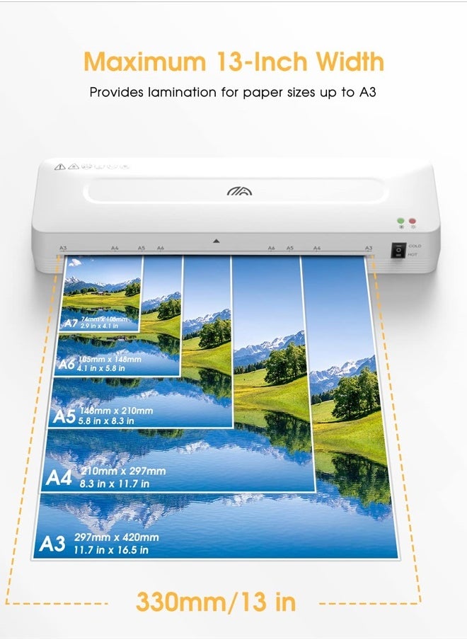 Laminator Machine,13 Inches A3 Laminator for A3/A4/A5/A6,Hot and Cold Settings,with 20pcs Laminating Sheets Pouches,Paper Trimmer,Hole Puncher,and Corner Rounder for Home Office School