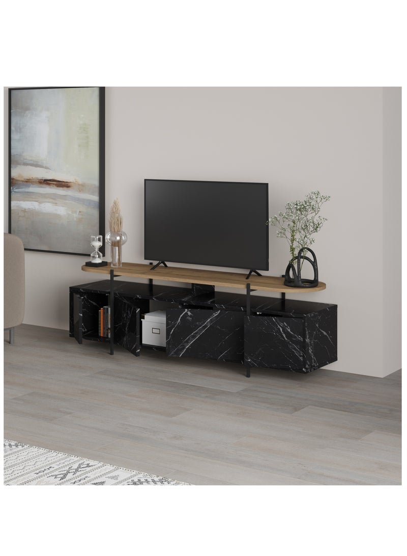 موراه خزانة تلفزيون هانلي من موراه هوم لأجهزة التلفزيون حتى ٦٥ بوصة | طاولة تلفزيون بأرجل معدنية | خزانة غرفة المعيشة | حامل تلفزيون بأربعة أبواب | ١٦٠ × ٣٥٫٦ × ٤٩٫٢ سم | رخام أسود/بني - Image 3