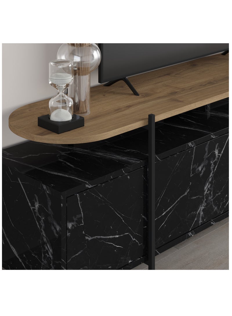 موراه خزانة تلفزيون هانلي من موراه هوم لأجهزة التلفزيون حتى ٦٥ بوصة | طاولة تلفزيون بأرجل معدنية | خزانة غرفة المعيشة | حامل تلفزيون بأربعة أبواب | ١٦٠ × ٣٥٫٦ × ٤٩٫٢ سم | رخام أسود/بني - Image 4