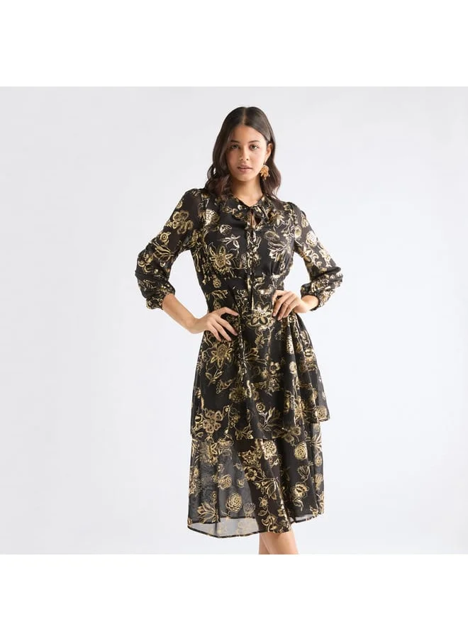 FAV All-Over Floral Print Dress with Long Sleeves and Tie-Ups