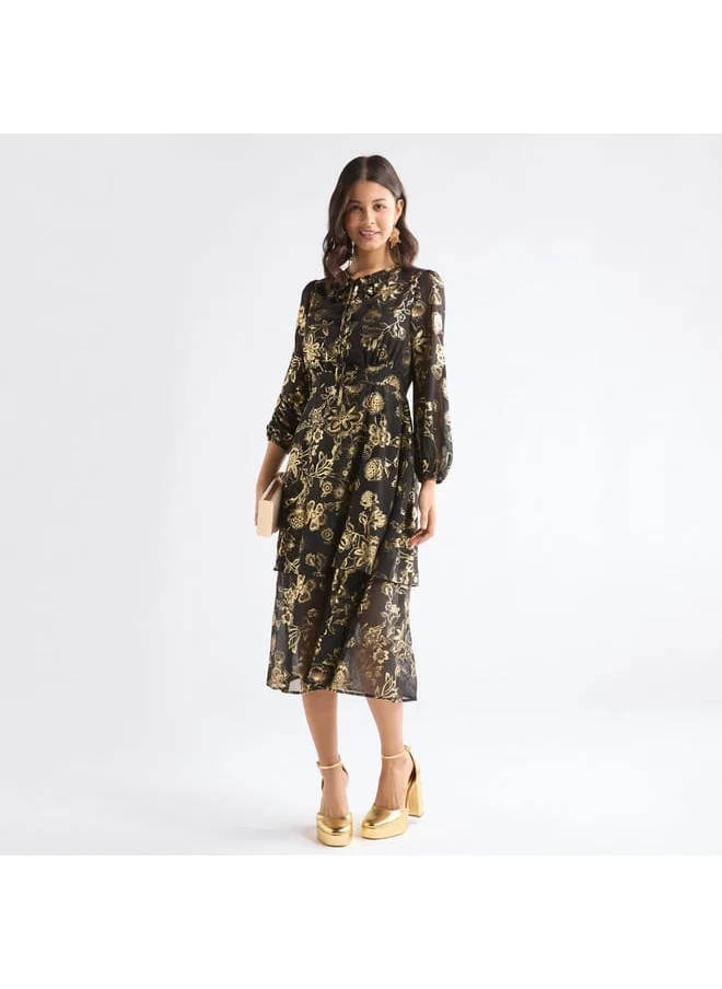 FAV All-Over Floral Print Dress with Long Sleeves and Tie-Ups