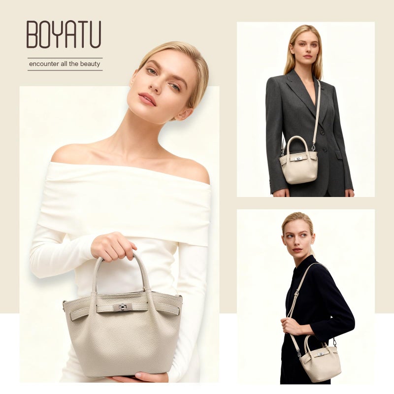 BOYATU Genuine Leather Bucket Bags for Women: Small Tote Purses for Ladies Luxury Designer Crossbody Satchel Handbags(Off-White) - Image 2