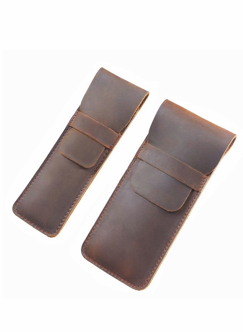 KASTWAVE Vintage Leather Pencil Case Holder, Genuine Leather Pen Case Holder Handmade Fountain Multi Pens Pouch Leather Pen Protective Sleeve Cover (2 Pack -Brown, Large+Small) - Image 1