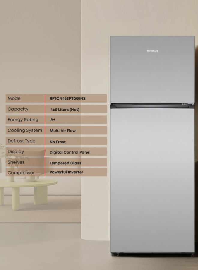 TORNADO Double Door Refrigerator  465 Liters Net Capacity , 16.42  cubic feet, Top Mount , Silver  Multi Air Flow Tempered Glass shelves RF-TCN465PT0GINS - Image 3