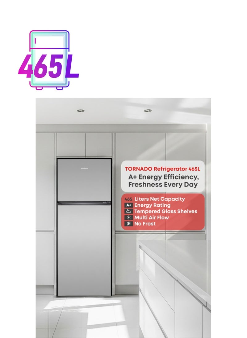 TORNADO Double Door Refrigerator  465 Liters Net Capacity , 16.42  cubic feet, Top Mount , Silver  Multi Air Flow Tempered Glass shelves RF-TCN465PT0GINS - Image 1