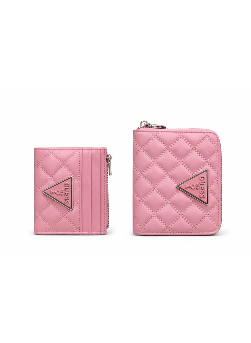 Guess Quilted Card Holder & Zip Wallet Set – Soft Pink with Triangle Logo