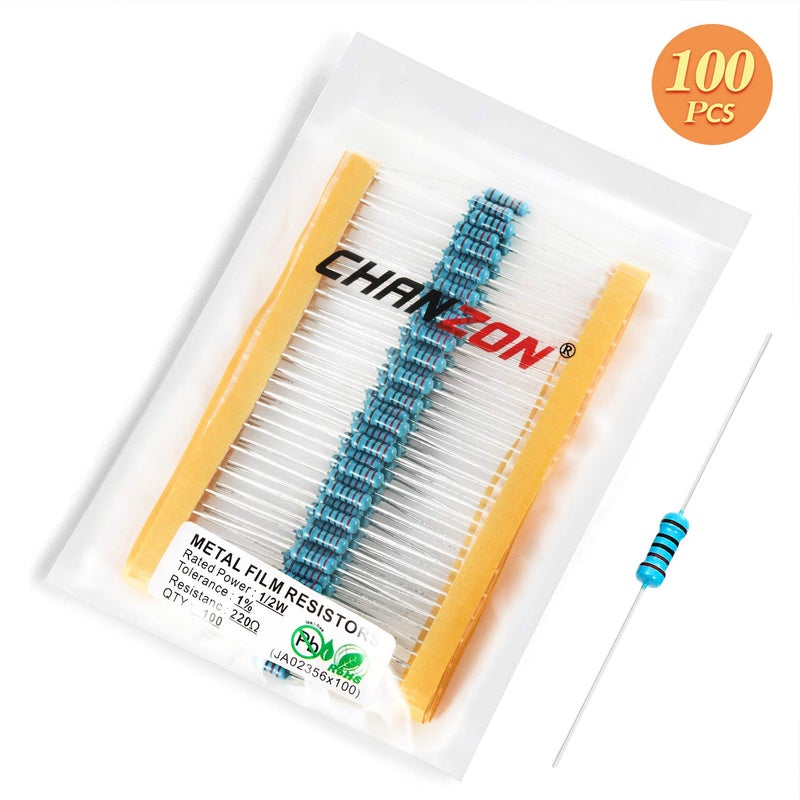 CHANZON 100pcs 1/2W (0.5W) 220 Ω ohm Metal Film Fixed Resistor 0.01 ±1% Tolerance 220R MF Through Hole Resistors Current Limiting Rohs Certificated - Image 5