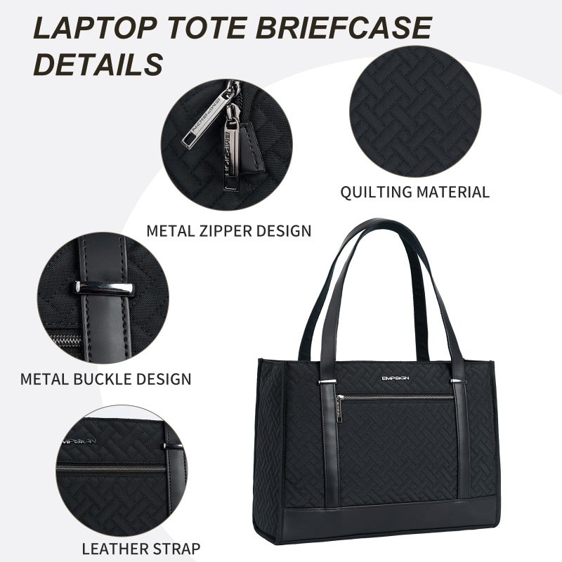 EMPSIGN Laptop Tote Bag for Women 16 Inch, Stylish Computer Shoulder Tote Bag for Work, Large Capacity Quilted Laptop Briefcase, Waterproof Women Business Office Bag, Quilted Black - Image 4
