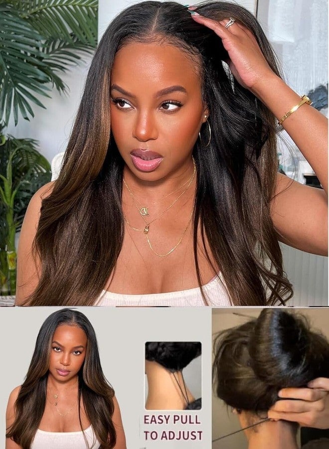 UNICE Chestnut Brown Ombre Yaki Straight 7x5 Pre Cut HD Lace Front Wigs Human Hair with Drawstring Bye Bye Knots Glueless Wig Pre Plucked Bleached Knots Natural Hairline 150% Density 16 inch - Image 4