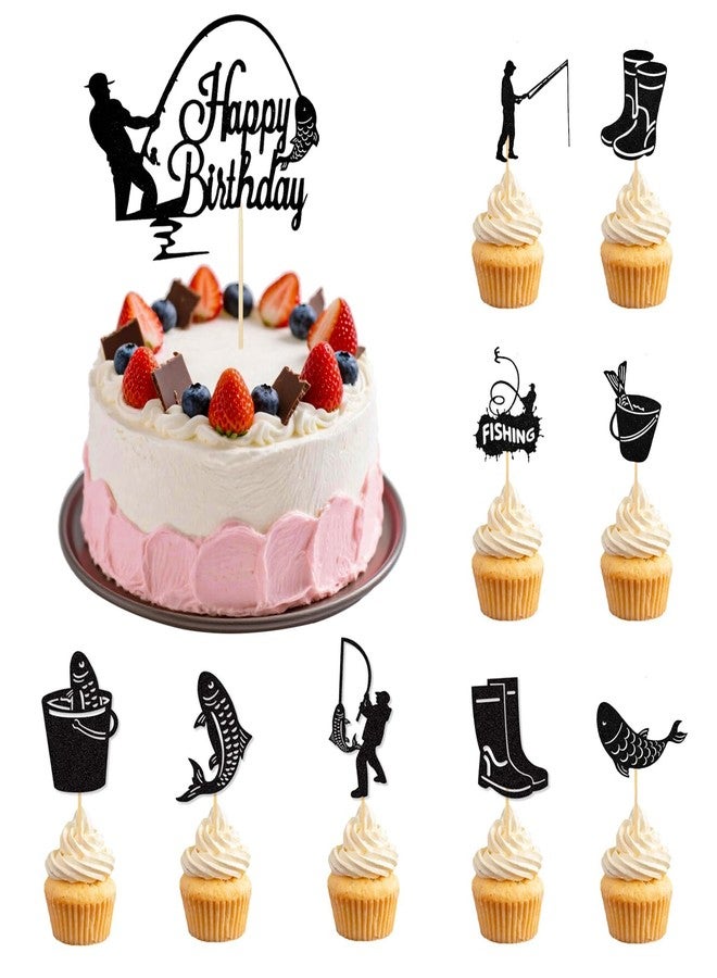 XQIGI Fishing Cake Topper 10 PCS, Fisherman Birthday Party Decorations, Outdoor Fish Themed Gone Fishing Cupcake Decoration, Retirement Party Supplies - Image 1