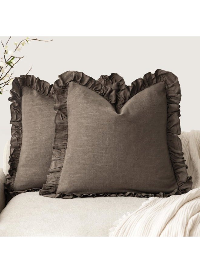 Foindtower Set of 2 Decorative Soild Fringe Ruffle Throw Pillow Covers Soft Boho Farmhouse Cushion Cover Cozy Accent Retro Pillowcase for Couch Sofa Bed Living Room Home Decor,20×20 Inch,Dark Brown - Image 1