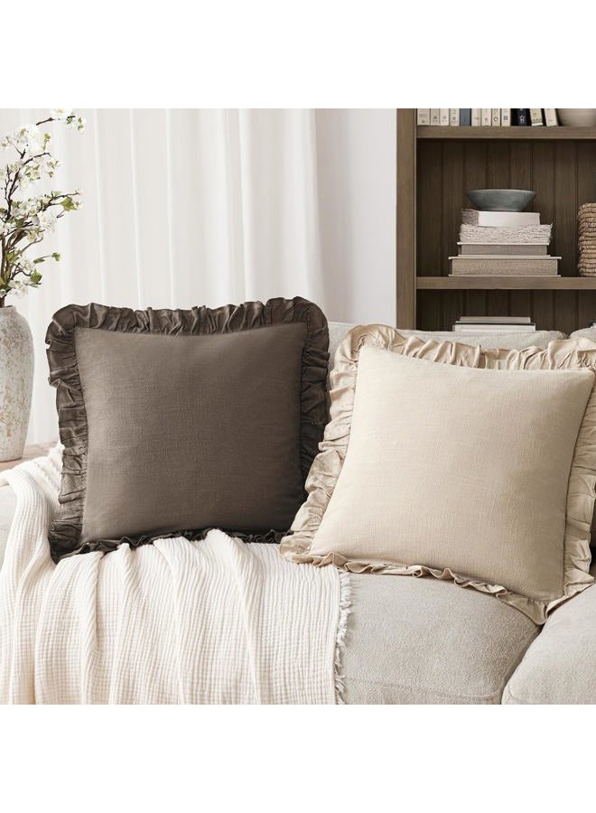 Foindtower Set of 2 Decorative Soild Fringe Ruffle Throw Pillow Covers Soft Boho Farmhouse Cushion Cover Cozy Accent Retro Pillowcase for Couch Sofa Bed Living Room Home Decor,20×20 Inch,Dark Brown - Image 4