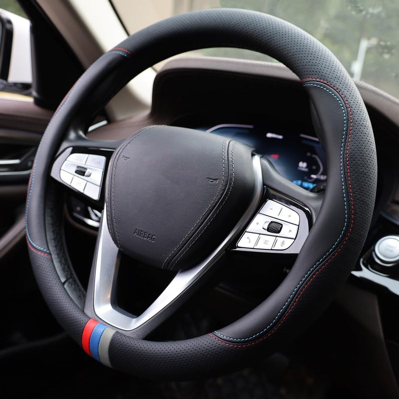 SZYUCHEN Car Steering Wheel Cover for BMW X3 X5 X7 3 5 Series 328i 528i 535i 530i 540i 320i 330i 325i X1 X2 X4 X6 1 2 4 6 7 8 Series e90 e60 f30 Accessories, 2026 Leather Black (Red Blue) - Image 2