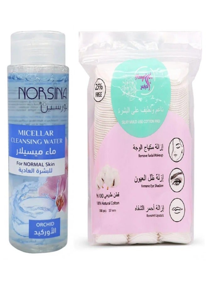 Norsina Micellar Cleansing Water For Normal Skin With Orchid 200 ml With Alarays 100% Natural Cotton Multi-Use 180 Grains  - Image 1