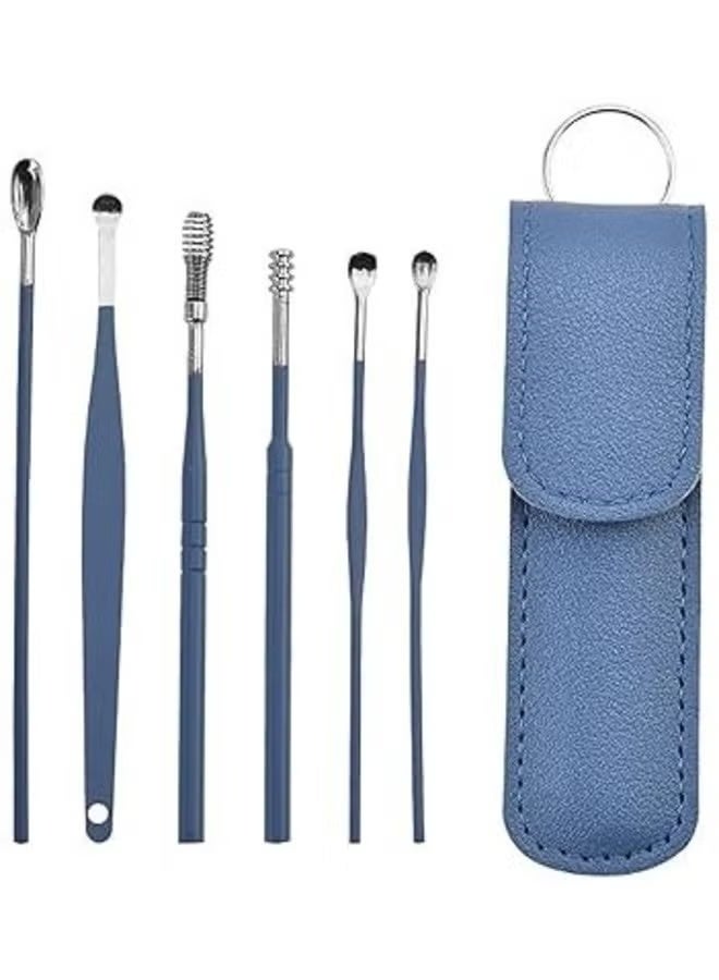 6Pcs Ear Wax Removal Tool Polished For Ear Care With Leather Bag Men Women Blue - Image 1