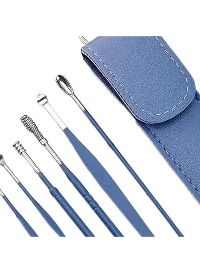 6Pcs Ear Wax Removal Tool Polished For Ear Care With Leather Bag Men Women Blue - Image 2