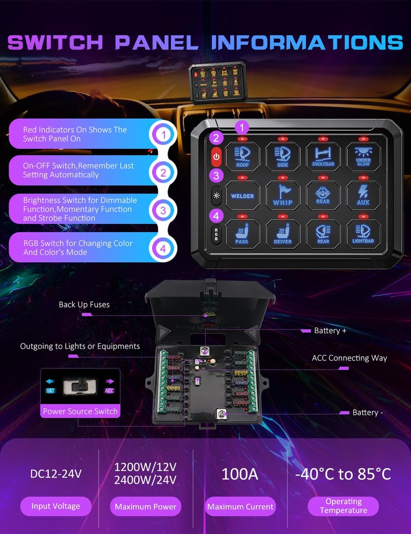 Chelhead Switch Panel for Truck 12 Gang RGB Led with Multifunction 100A Inline Protection Auxiliary Switch Panel Compatible with Jeep JK JL JT Boat Marine UTV RZR Can AM X3 ATV RV - Image 4