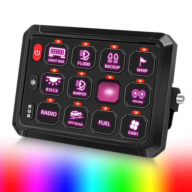 Chelhead Switch Panel for Truck 12 Gang RGB Led with Multifunction 100A Inline Protection Auxiliary Switch Panel Compatible with Jeep JK JL JT Boat Marine UTV RZR Can AM X3 ATV RV - Image 1