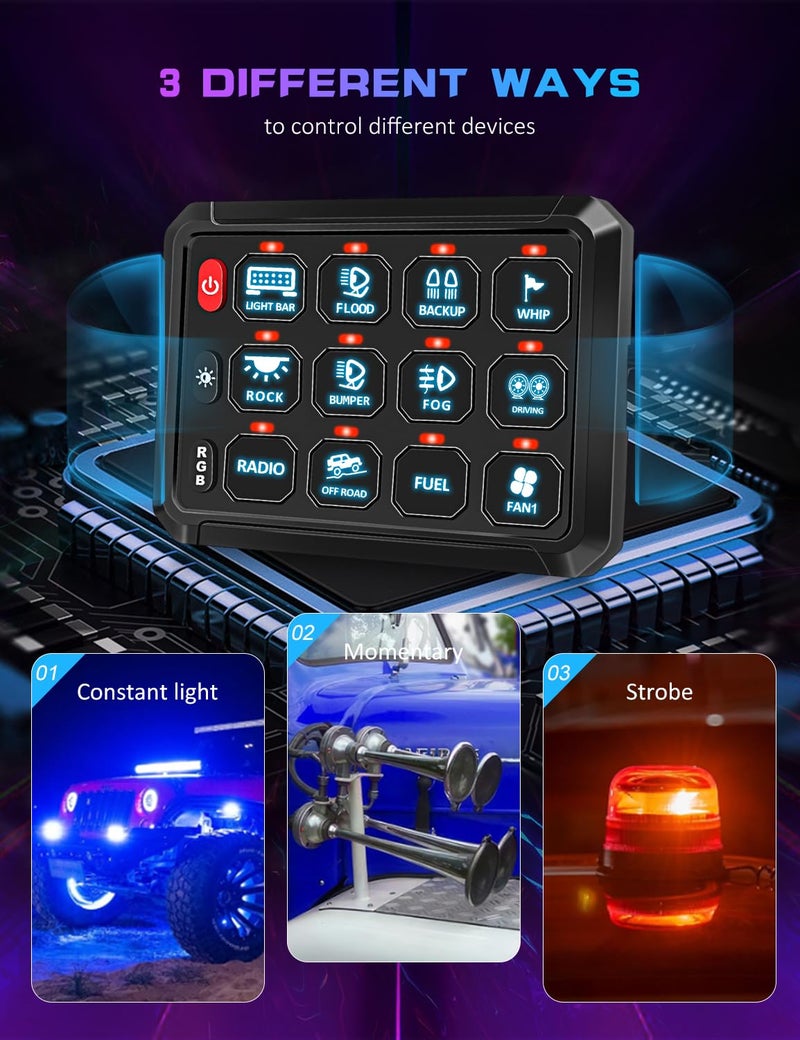 Chelhead Switch Panel for Truck 12 Gang RGB Led with Multifunction 100A Inline Protection Auxiliary Switch Panel Compatible with Jeep JK JL JT Boat Marine UTV RZR Can AM X3 ATV RV - Image 5