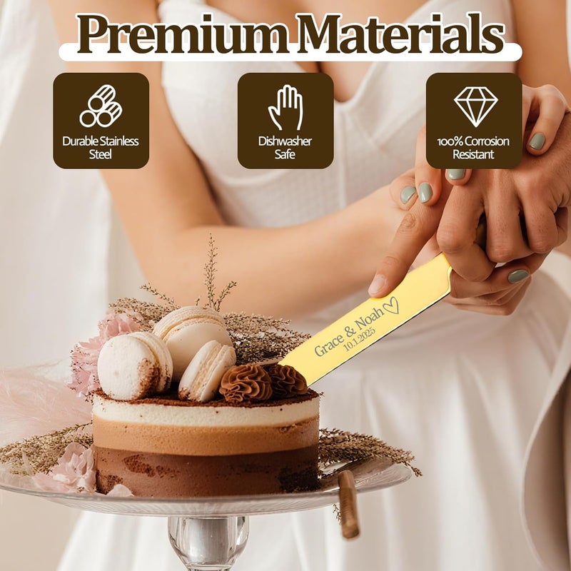 HJX Personalized Wedding Cake Knife and Server Set,Custom Engraved Stainless Steel Cake Cutting Set, Elegant Cake Cutter for Wedding Anniversary, Birthday Marriage Gift (Gold) - Image 3
