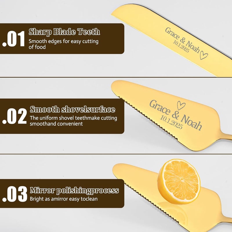 HJX Personalized Wedding Cake Knife and Server Set,Custom Engraved Stainless Steel Cake Cutting Set, Elegant Cake Cutter for Wedding Anniversary, Birthday Marriage Gift (Gold) - Image 5