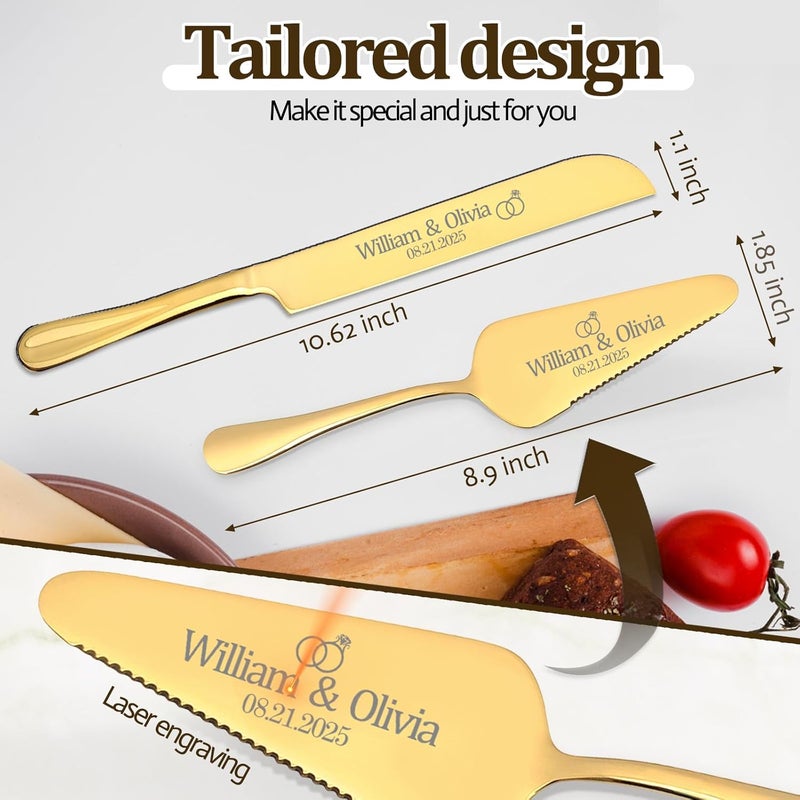 HJX Personalized Wedding Cake Knife and Server Set,Custom Engraved Stainless Steel Cake Cutting Set, Elegant Cake Cutter for Wedding Anniversary, Birthday Marriage Gift (Gold) - Image 4
