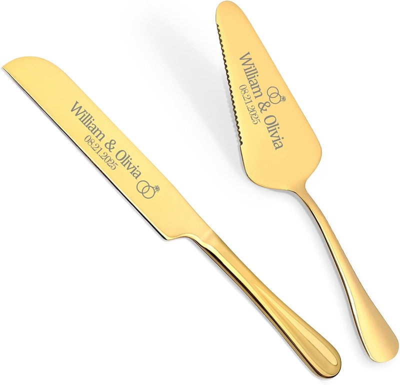 HJX Personalized Wedding Cake Knife and Server Set,Custom Engraved Stainless Steel Cake Cutting Set, Elegant Cake Cutter for Wedding Anniversary, Birthday Marriage Gift (Gold) - Image 1