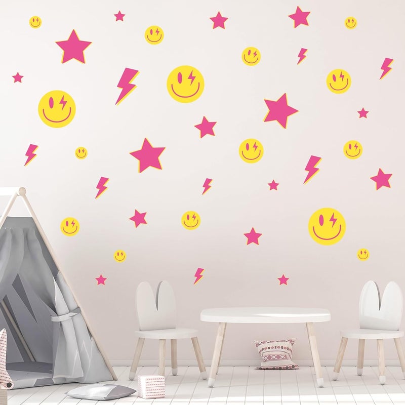 Whaline 156Pcs Preppy Wall Stickers Lightning Bolt Smile Star Wall Decals Pink Room Mural Thunder Stickers Aesthetic Vinyl Wall Decals for Party Home Nursery Decor 79 x 118 Inch 12 Sheets - Image 3