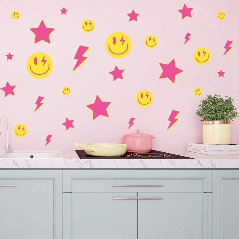 Whaline 156Pcs Preppy Wall Stickers Lightning Bolt Smile Star Wall Decals Pink Room Mural Thunder Stickers Aesthetic Vinyl Wall Decals for Party Home Nursery Decor 79 x 118 Inch 12 Sheets - Image 4