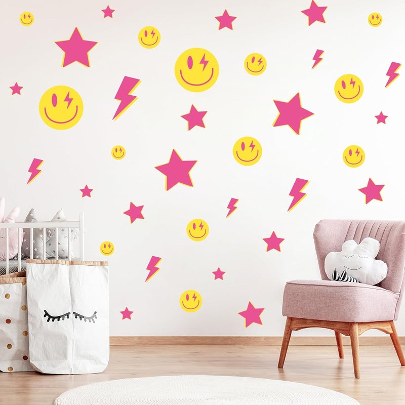 Whaline 156Pcs Preppy Wall Stickers Lightning Bolt Smile Star Wall Decals Pink Room Mural Thunder Stickers Aesthetic Vinyl Wall Decals for Party Home Nursery Decor 79 x 118 Inch 12 Sheets - Image 5