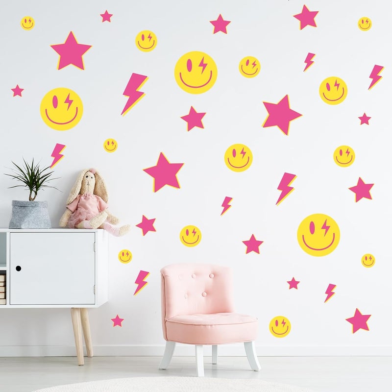 Whaline 156Pcs Preppy Wall Stickers Lightning Bolt Smile Star Wall Decals Pink Room Mural Thunder Stickers Aesthetic Vinyl Wall Decals for Party Home Nursery Decor 79 x 118 Inch 12 Sheets - Image 1